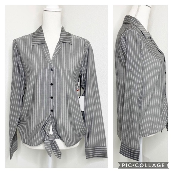 1.State NWT Tie Front Pinstriped Striped Button Down Blouse Gray Size XS - Picture 5 of 10